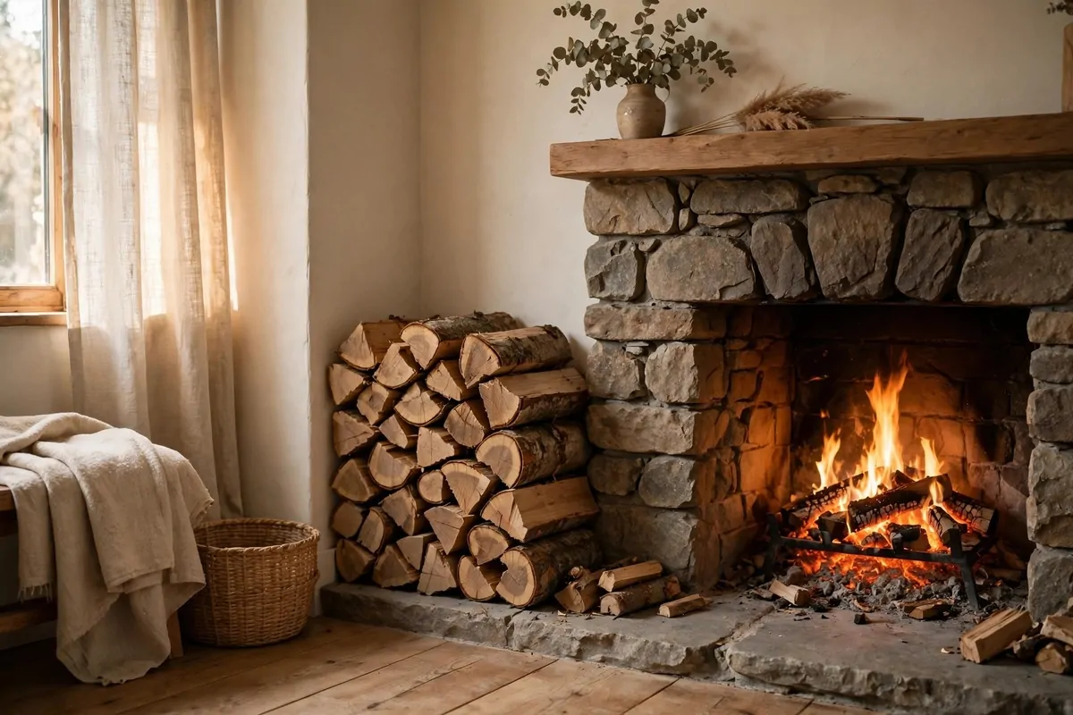 23 Fireplace Decor Ideas for a Cozy Living Room Focal Point 1 A neat stack of firewood logs beside a warm fireplace, warm light, tidy and cozy