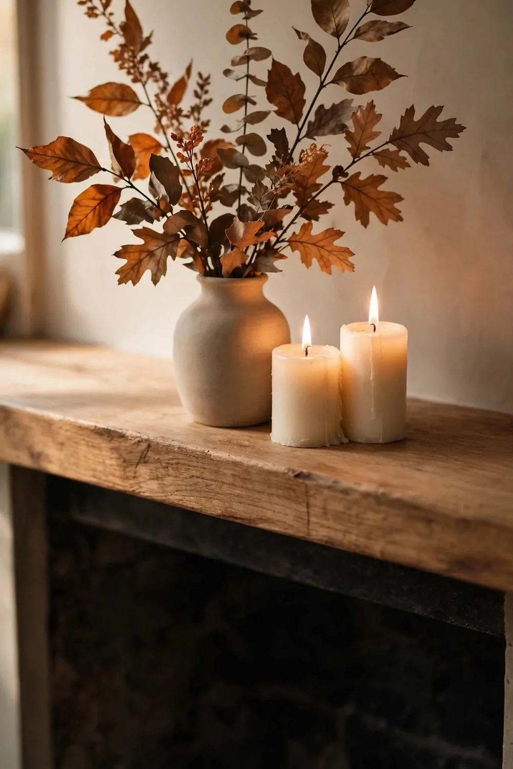 23 Fireplace Decor Ideas for a Cozy Living Room Focal Point 2 A simple wooden mantel above a fireplace with a small vase and two candles, warm light, tidy and calm