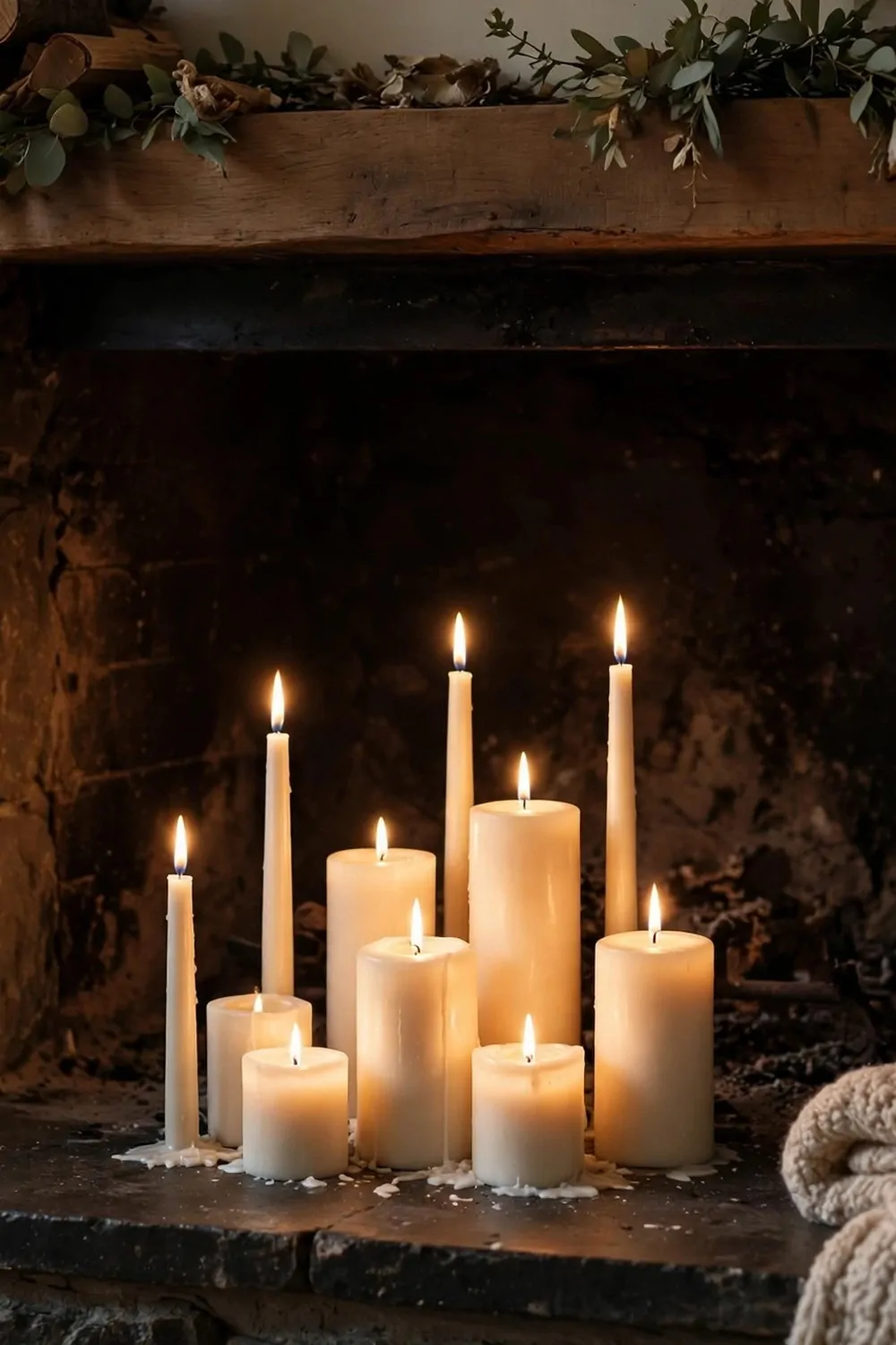 23 Fireplace Decor Ideas for a Cozy Living Room Focal Point 3 Candles of different heights glowing inside a dark fireplace, warm light, cozy and calm