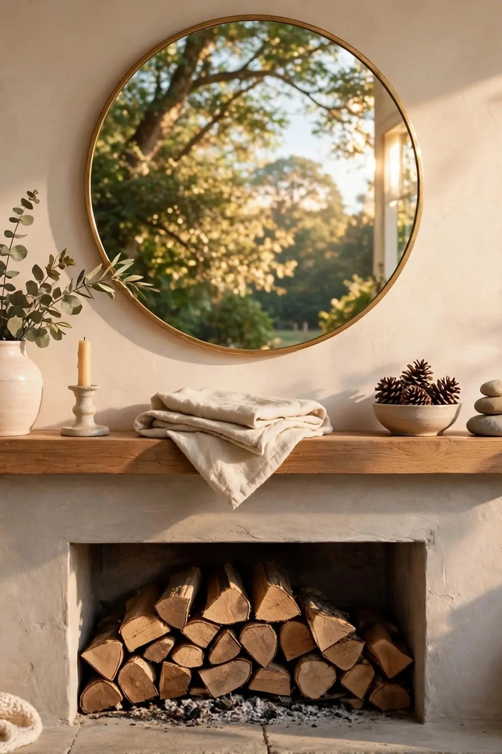 23 Fireplace Decor Ideas for a Cozy Living Room Focal Point 4 A round mirror above a fireplace mantel reflecting warm light, tidy and calm
