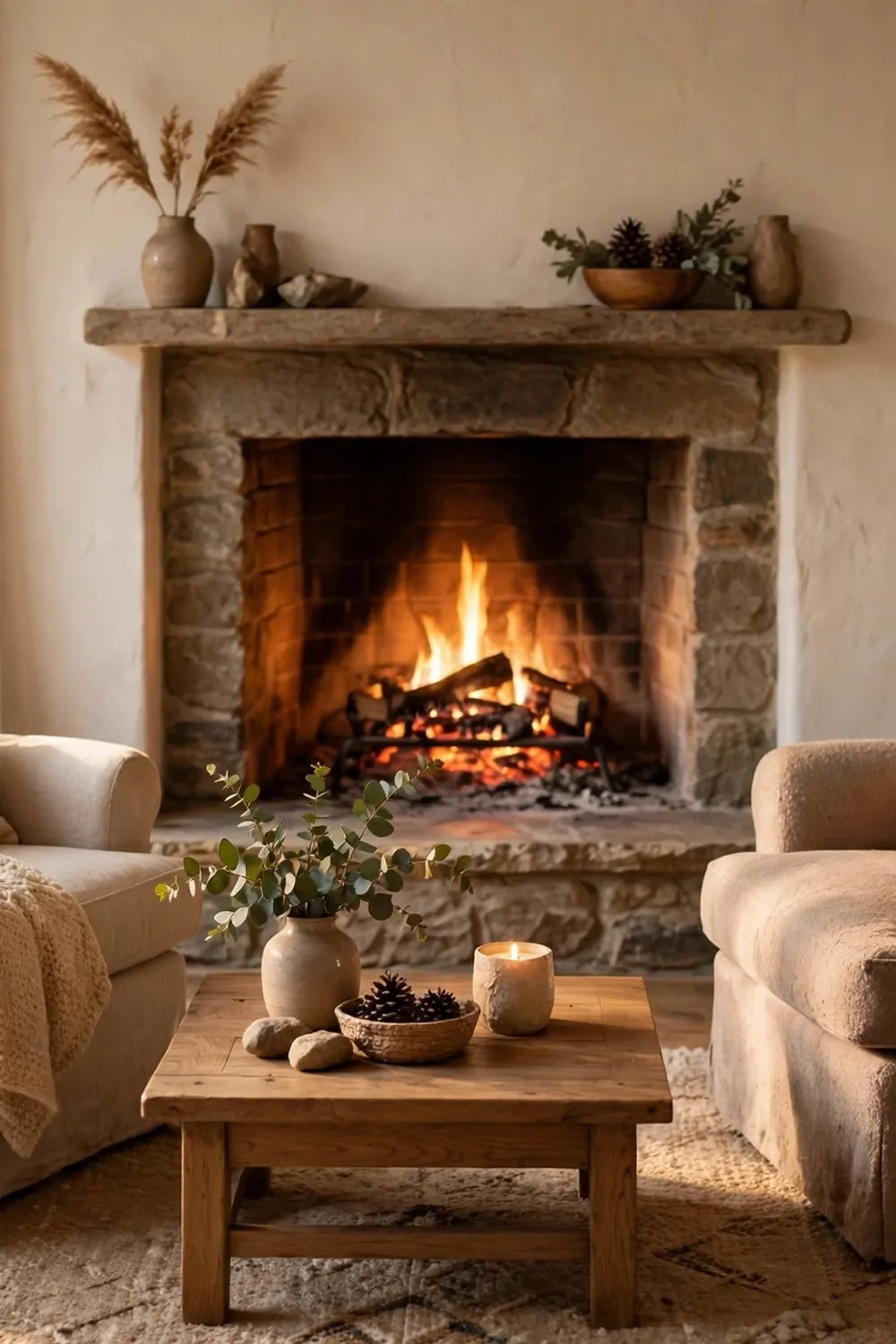 23 Fireplace Decor Ideas for a Cozy Living Room Focal Point 5 Two soft armchairs facing a warm glowing fireplace, warm light, cozy and calm