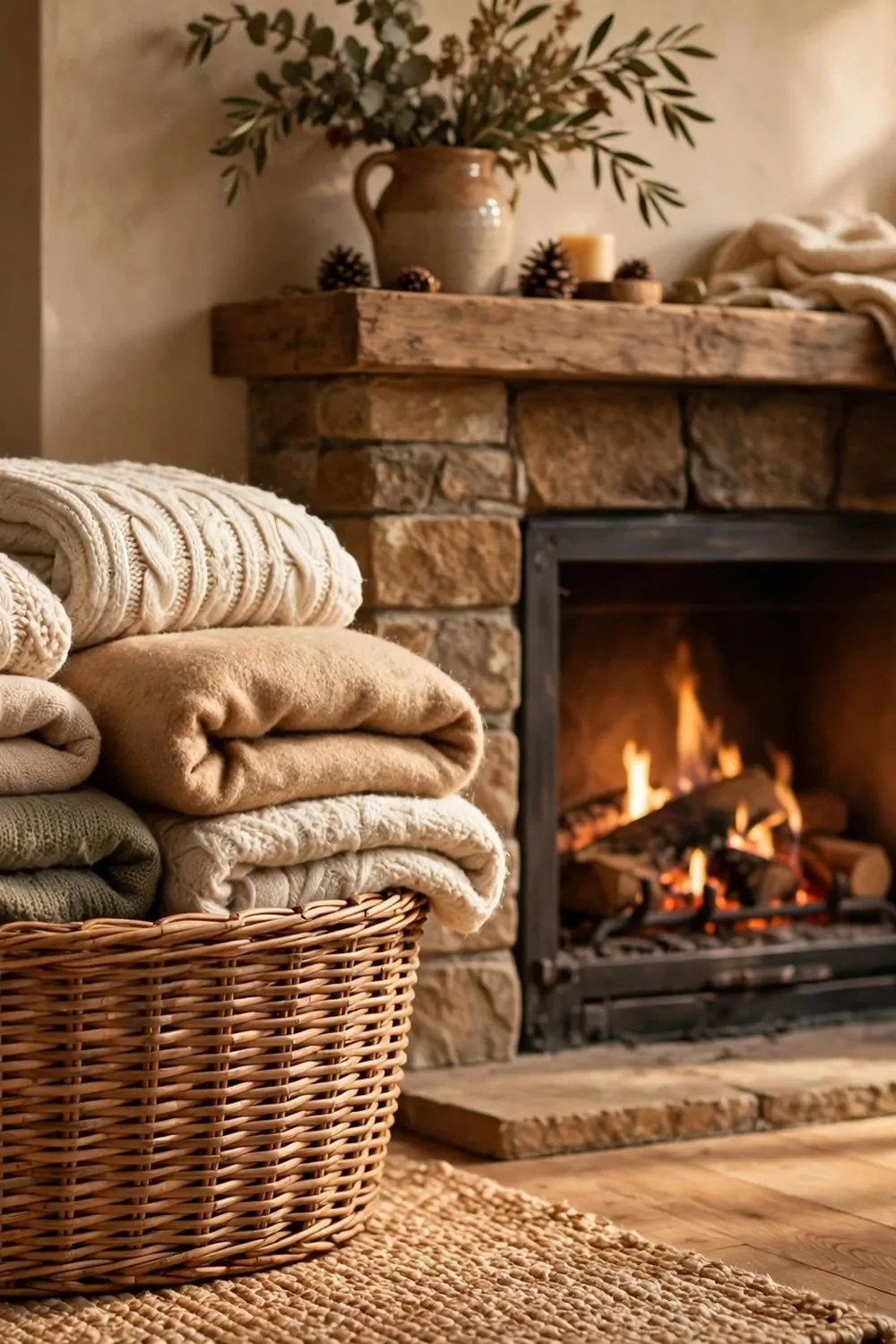 23 Fireplace Decor Ideas for a Cozy Living Room Focal Point 6 A woven basket full of folded blankets beside a fireplace, warm light, tidy and cozy