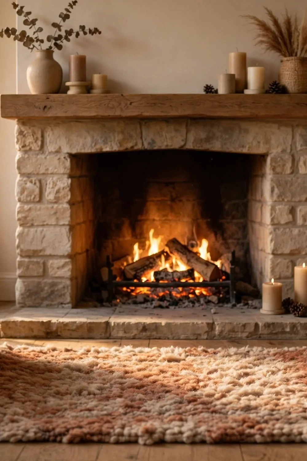 23 Fireplace Decor Ideas for a Cozy Living Room Focal Point 7 A soft warm rug in front of a glowing fireplace, warm light, cozy and calm