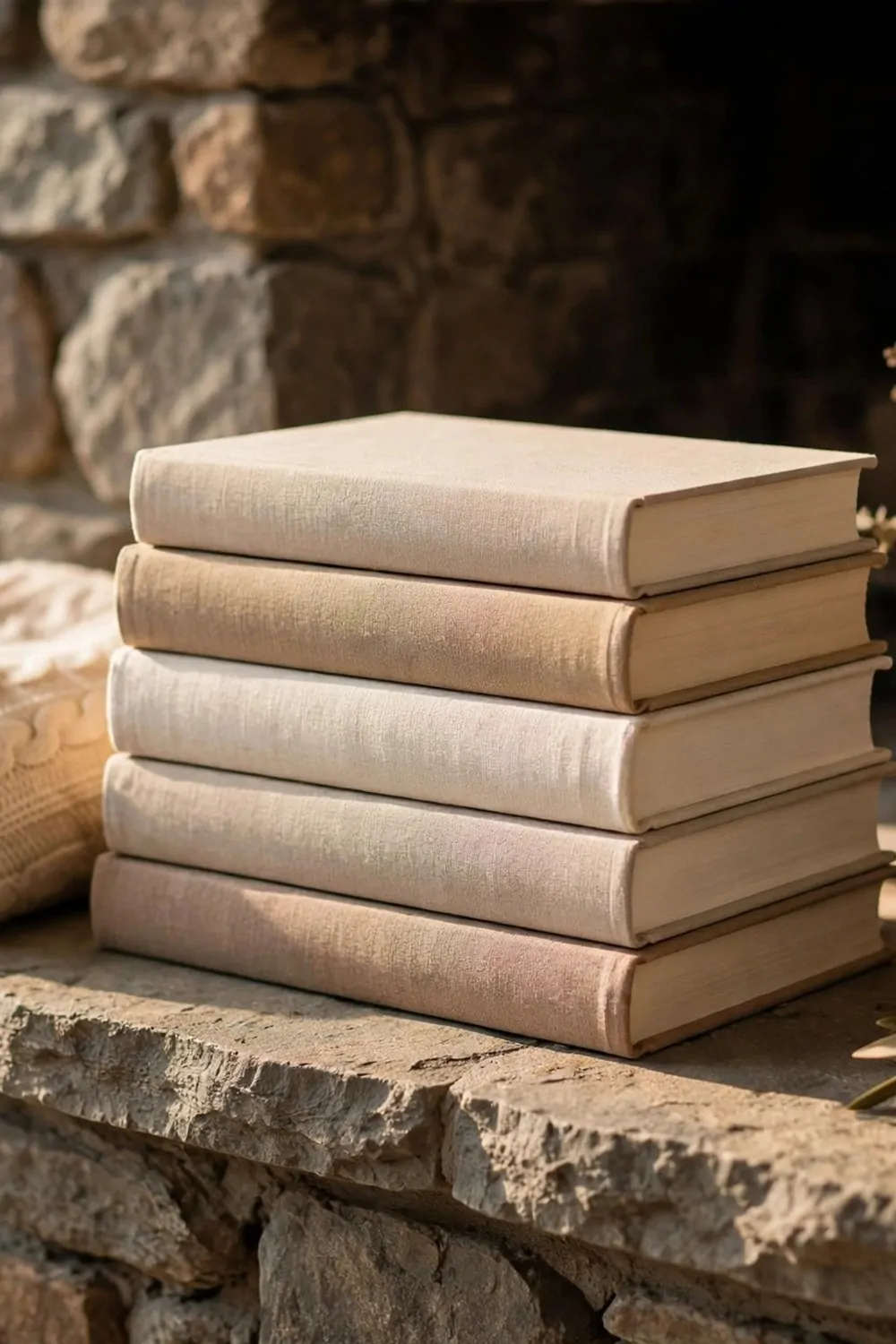 23 Fireplace Decor Ideas for a Cozy Living Room Focal Point 8 A neat stack of books with blank covers on a stone fireplace hearth, warm light, tidy and cozy