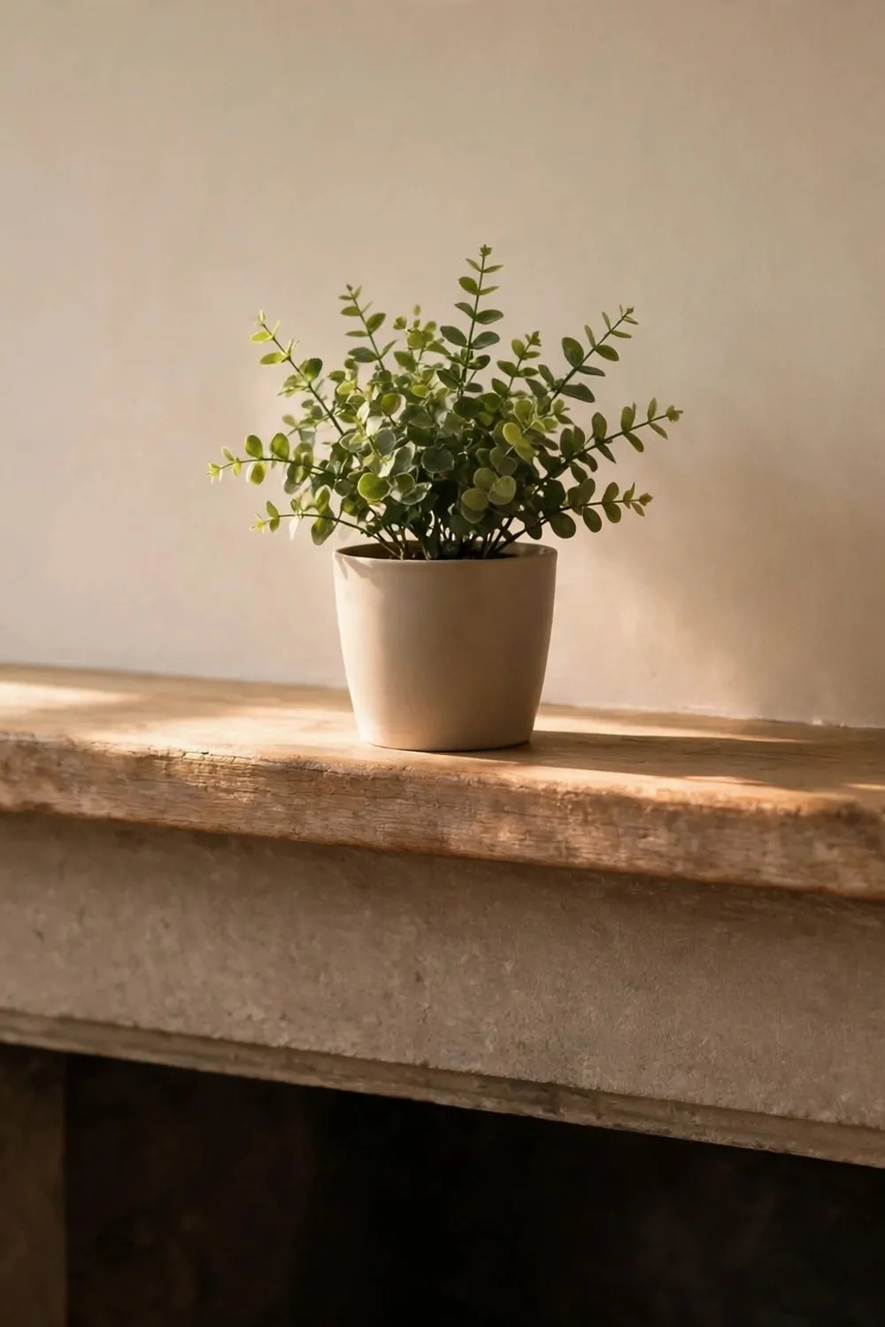 23 Fireplace Decor Ideas for a Cozy Living Room Focal Point 9 A small green plant in a plain pot on a fireplace mantel, warm light, fresh and calm