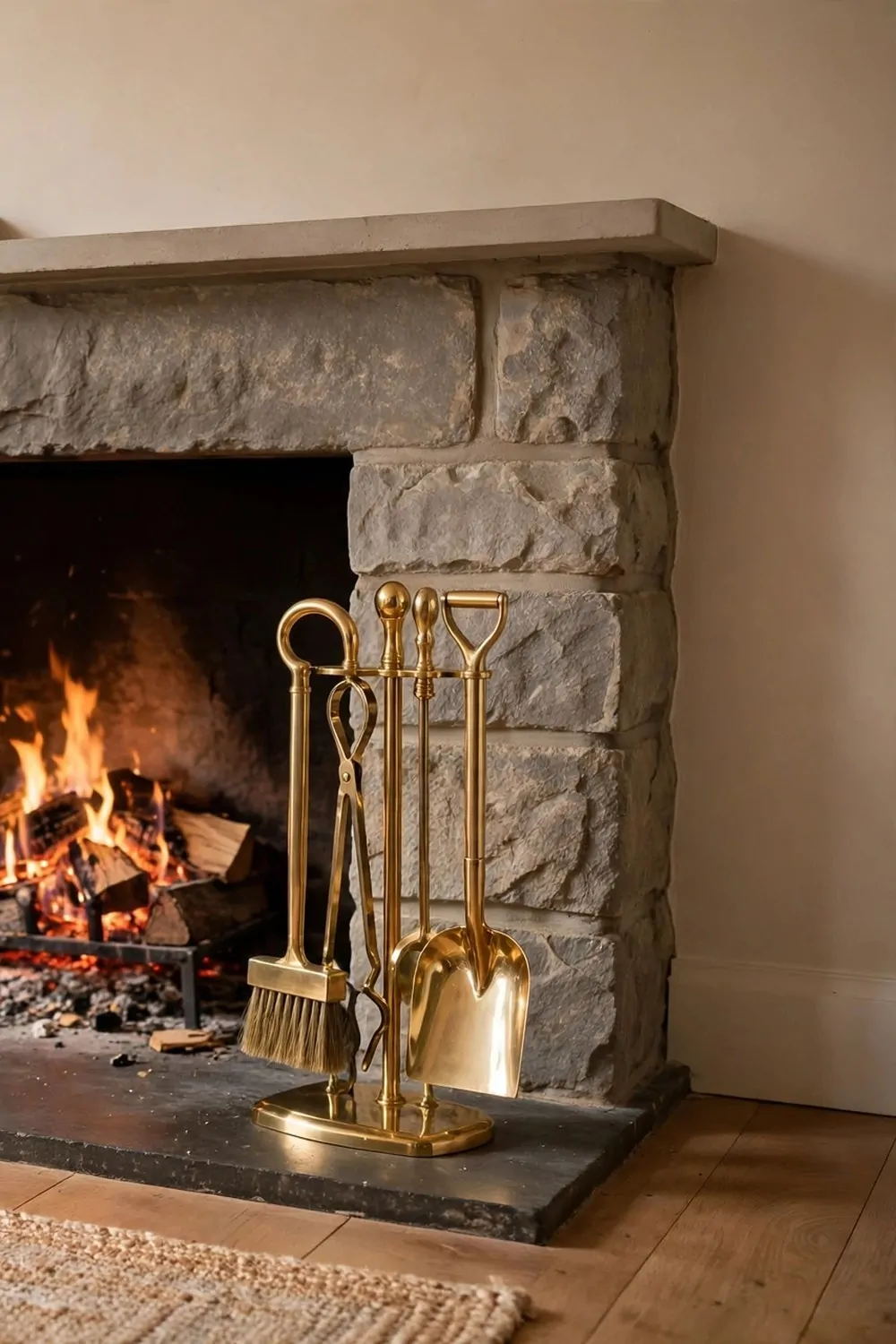 23 Fireplace Decor Ideas for a Cozy Living Room Focal Point 10 Shiny brass fireplace tools beside a warm fireplace, warm light, tidy and neat
