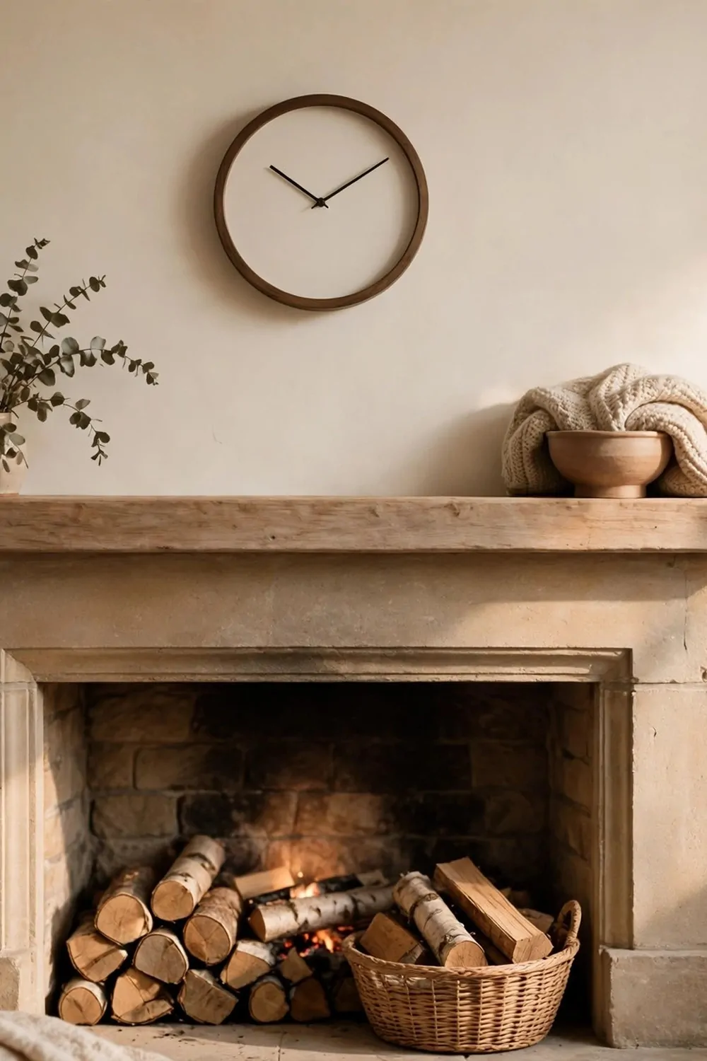 23 Fireplace Decor Ideas for a Cozy Living Room Focal Point 11 A small round clock above a fireplace mantel, warm light, calm and quiet