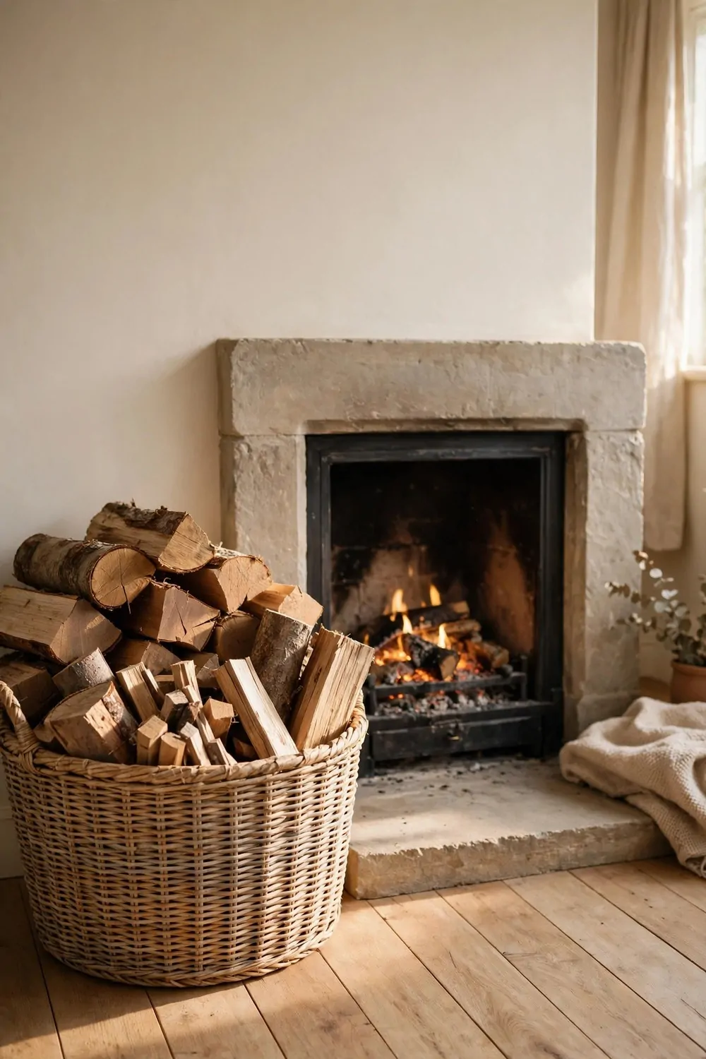 23 Fireplace Decor Ideas for a Cozy Living Room Focal Point 12 A woven basket full of firewood logs beside a fireplace, warm light, tidy and cozy