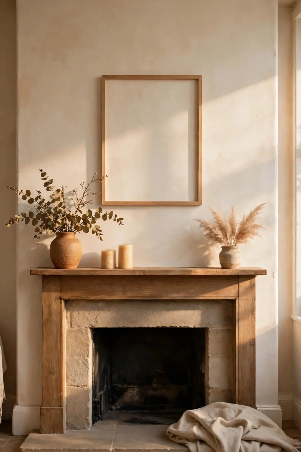 23 Fireplace Decor Ideas for a Cozy Living Room Focal Point 14 A simple blank picture frame on a wall above a fireplace mantel, warm light, tidy and calm