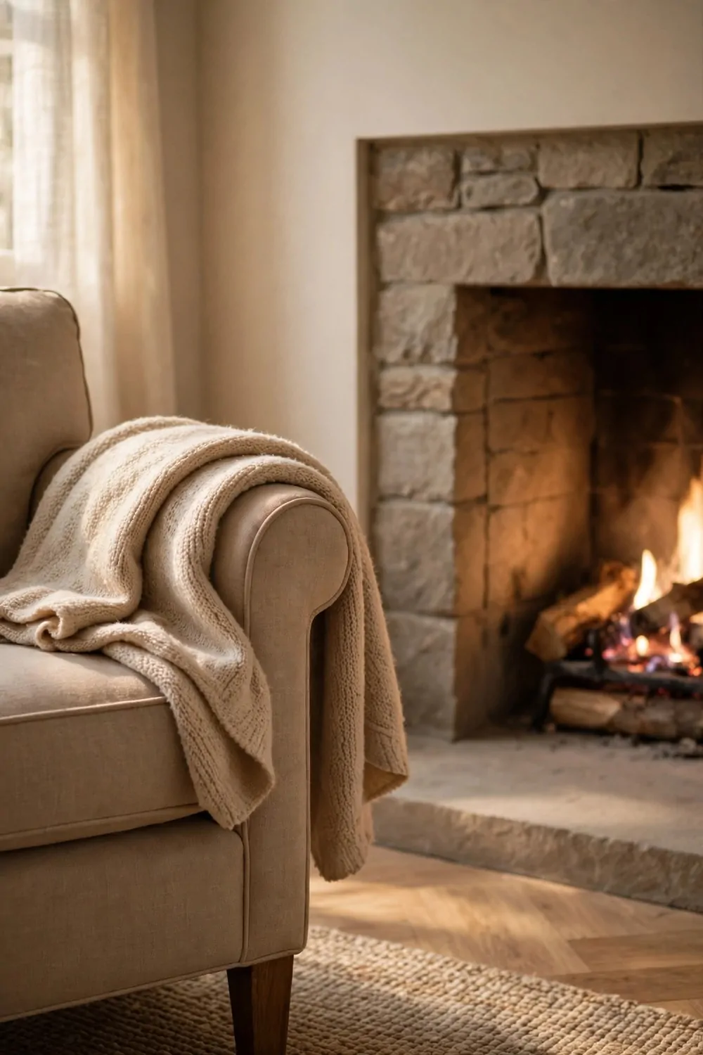 23 Fireplace Decor Ideas for a Cozy Living Room Focal Point 15 A soft folded throw over the arm of a chair beside a fireplace, warm light, cozy and calm