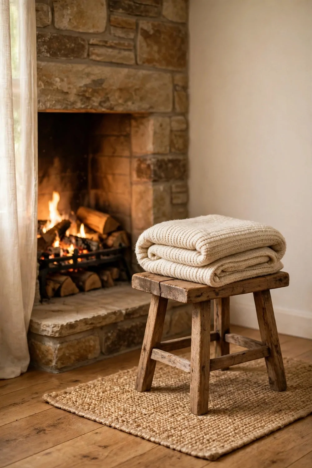 23 Fireplace Decor Ideas for a Cozy Living Room Focal Point 16 A small wooden stool beside a fireplace with a folded blanket on it, warm light, tidy and calm