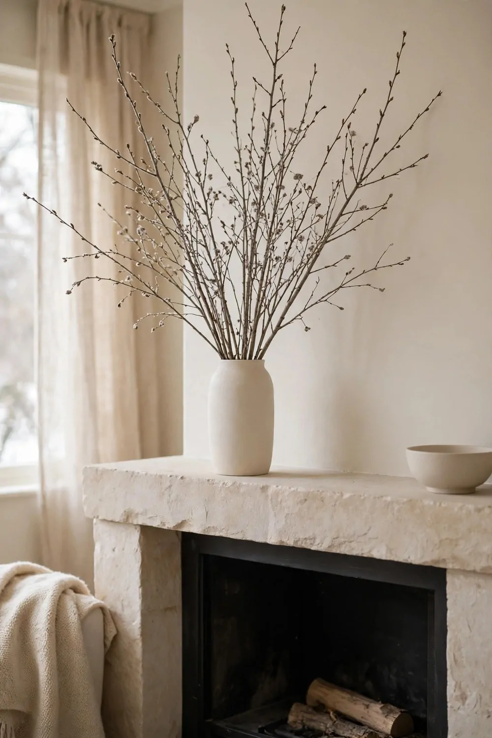23 Fireplace Decor Ideas for a Cozy Living Room Focal Point 17 Tall winter branches in a plain vase on a fireplace mantel, soft daylight, calm and fresh