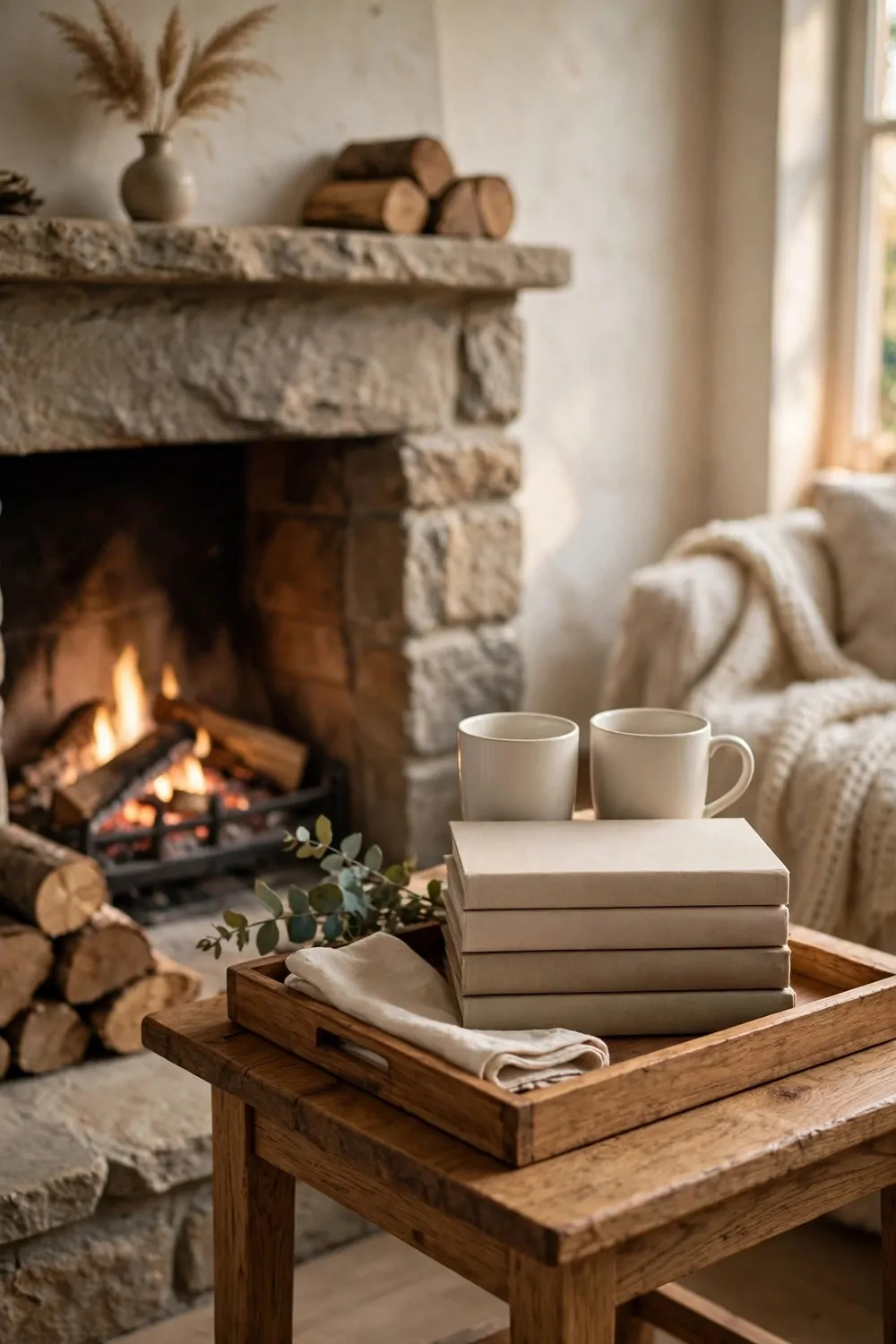 23 Fireplace Decor Ideas for a Cozy Living Room Focal Point 18 A wooden tray on a small table beside a fireplace holding two mugs and a stack of books, warm light, tidy and calm