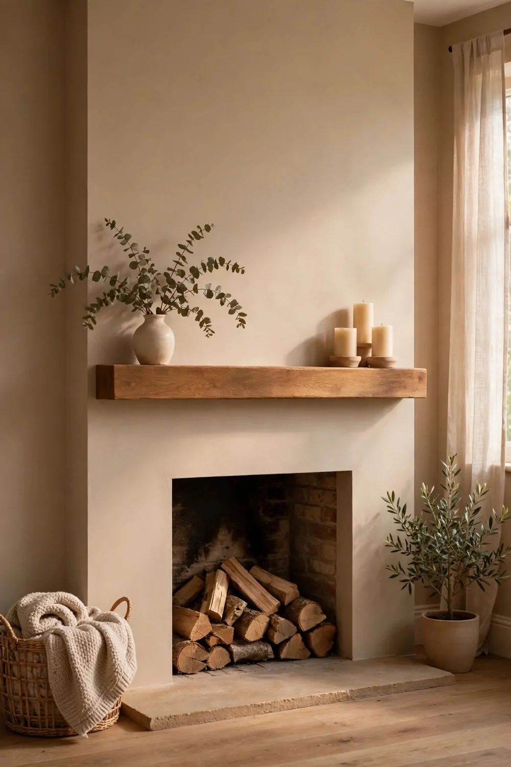 23 Fireplace Decor Ideas for a Cozy Living Room Focal Point 19 A fireplace wall painted a warm soft colour with a wooden mantel, warm light, calm and cozy