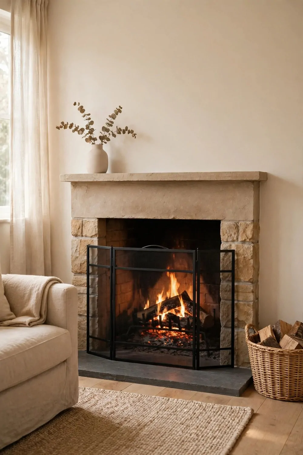 23 Fireplace Decor Ideas for a Cozy Living Room Focal Point 20 A simple black fireplace screen in front of a glowing fireplace, warm light, tidy and safe