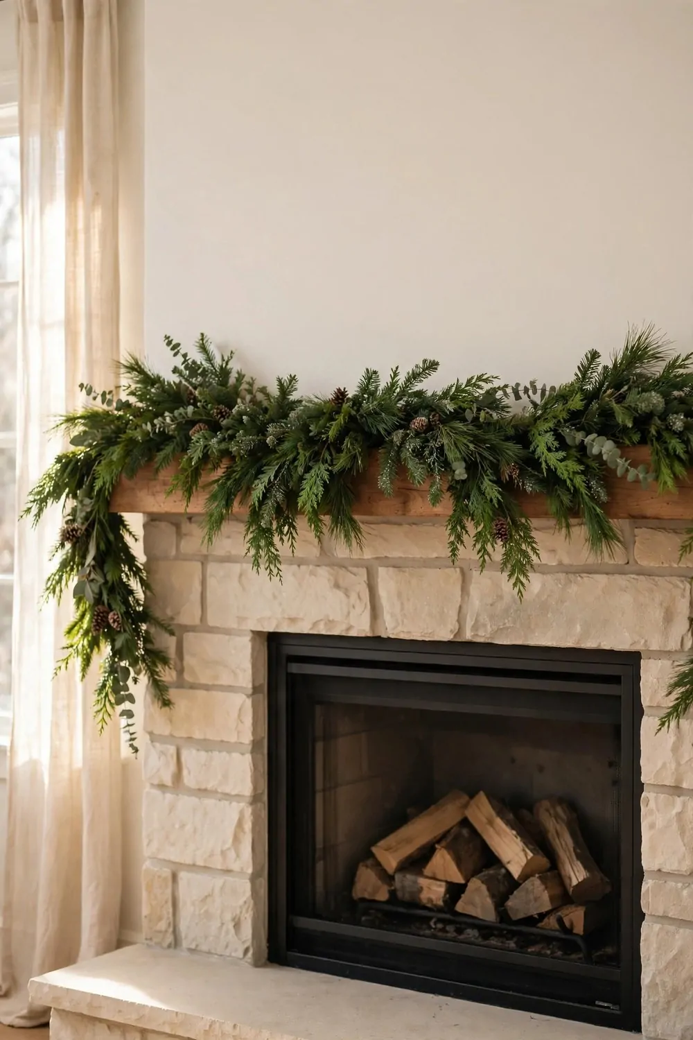 23 Fireplace Decor Ideas for a Cozy Living Room Focal Point 21 A green winter garland draped along a fireplace mantel, warm light, fresh and calm