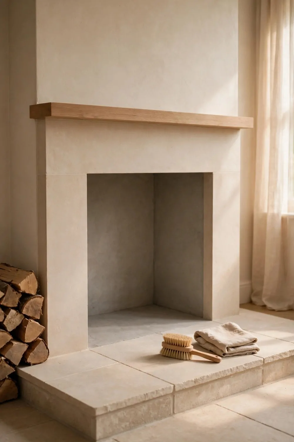 23 Fireplace Decor Ideas for a Cozy Living Room Focal Point 22 A tidy fireplace hearth after a quick clean with a small brush and folded cloth, warm light, tidy and calm