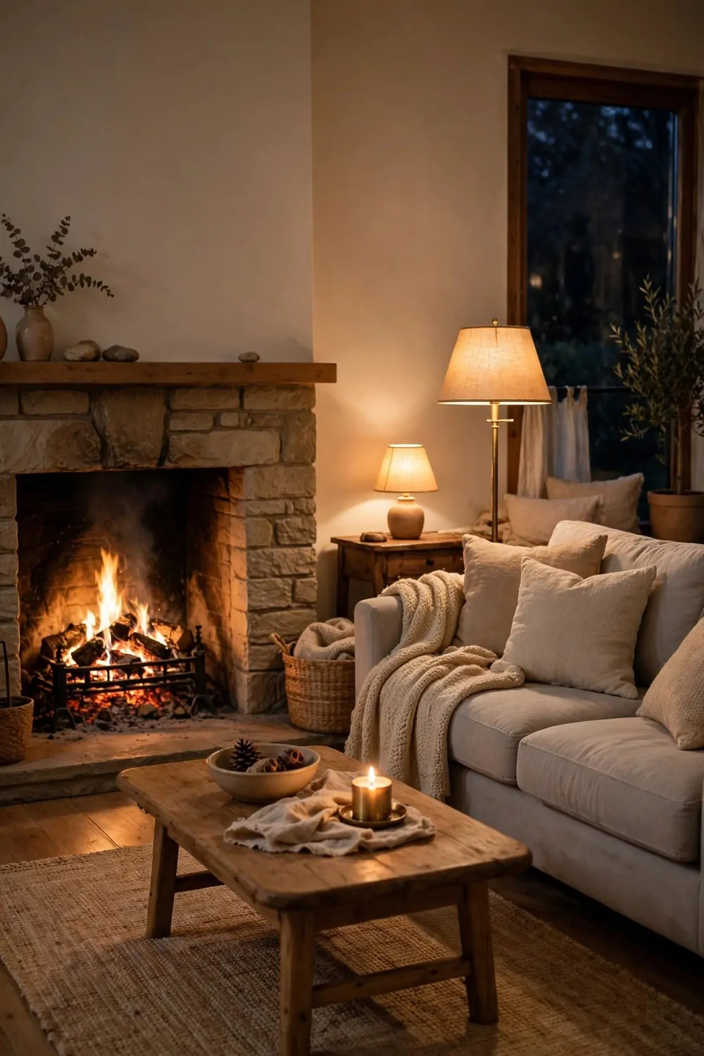 23 Fireplace Decor Ideas for a Cozy Living Room Focal Point 23 A cozy living room at night with a glowing fireplace, a soft sofa and warm lamps, calm and cozy