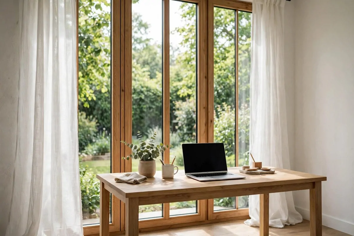 23 Home Office Room Design Ideas Pros Always Use 2 Wooden desk in front of a tall home office window with sheer curtains