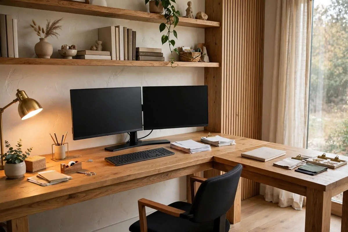 23 Home Office Room Design Ideas Pros Always Use 3 L-shaped wooden desk with dual monitors in a home office corner