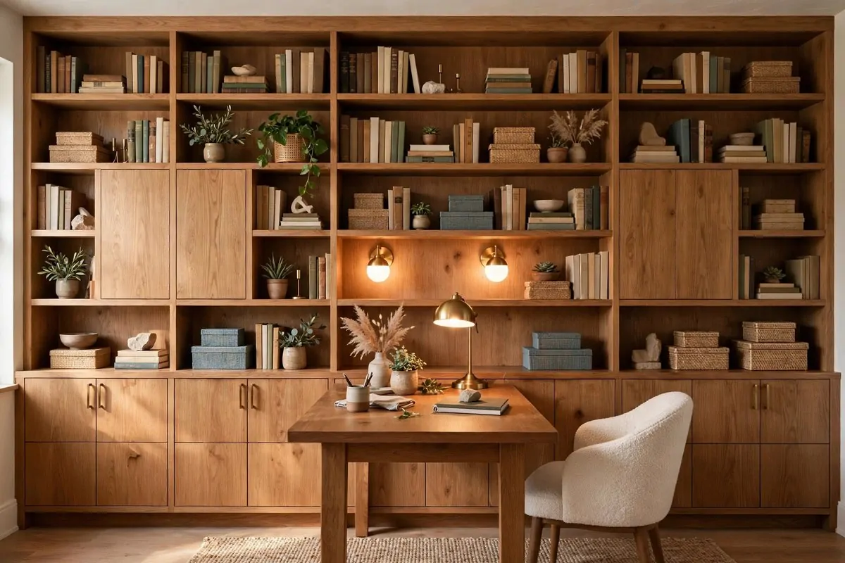 23 Home Office Room Design Ideas Pros Always Use 4 Floor to ceiling wooden bookshelves styled with books and plants in a home office