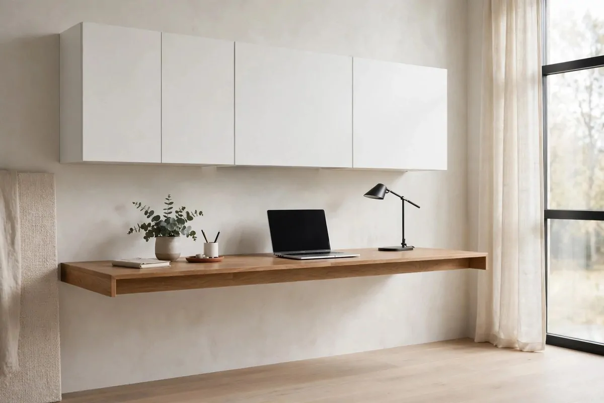 23 Home Office Room Design Ideas Pros Always Use 5 White floating wall cabinets above a wooden desk in a modern home office