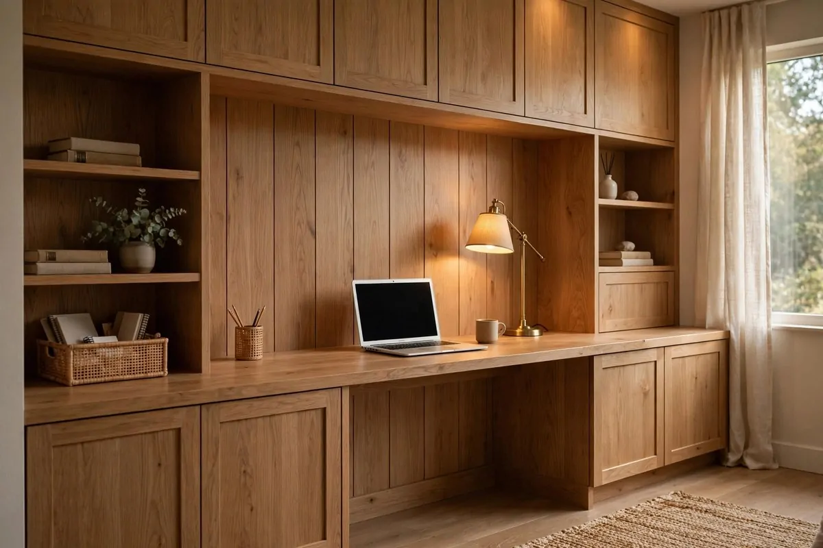 23 Home Office Room Design Ideas Pros Always Use 6 Custom built-in wooden desk running wall to wall with integrated shelves