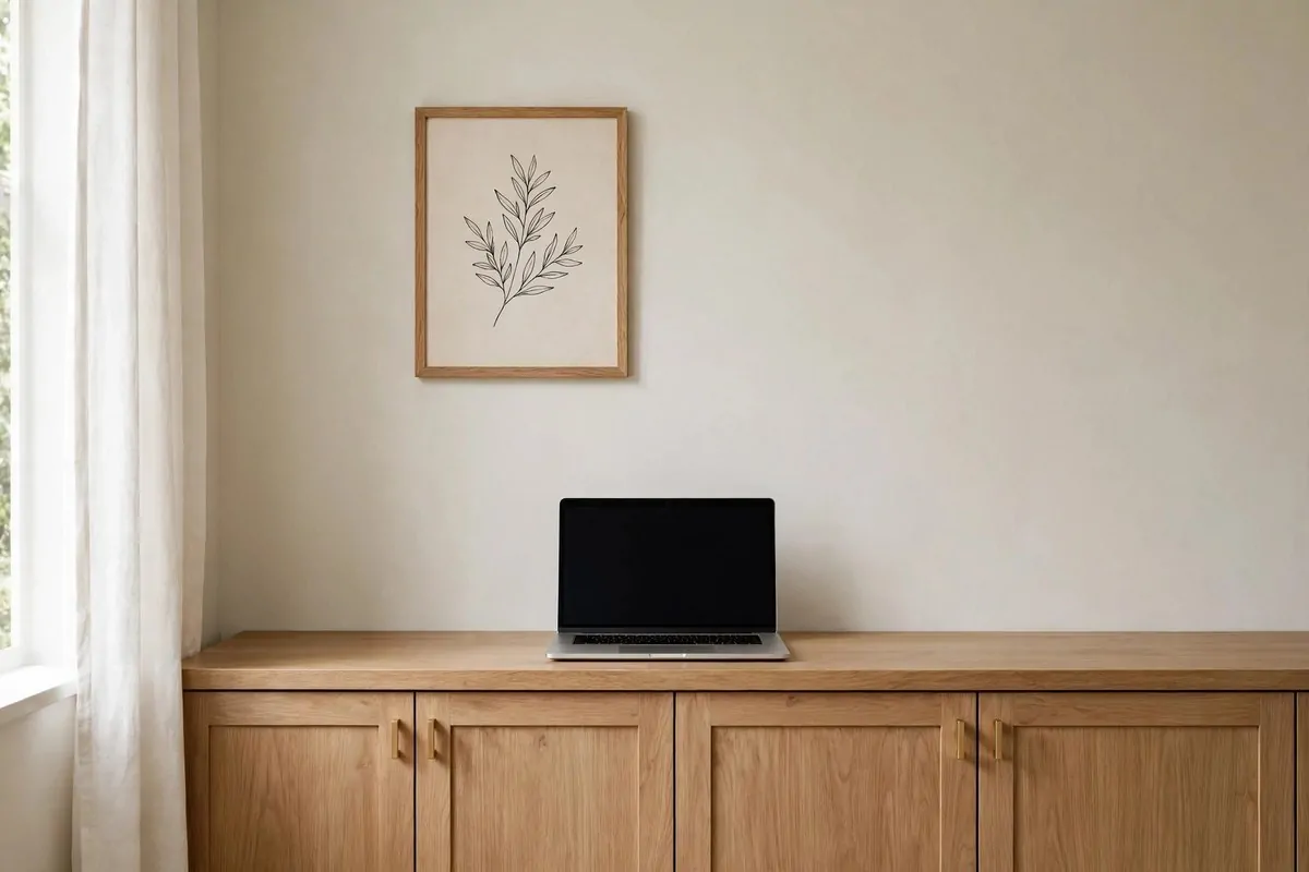 23 Home Office Room Design Ideas Pros Always Use 7 Tidy desk with closed storage cabinets and one framed print behind it