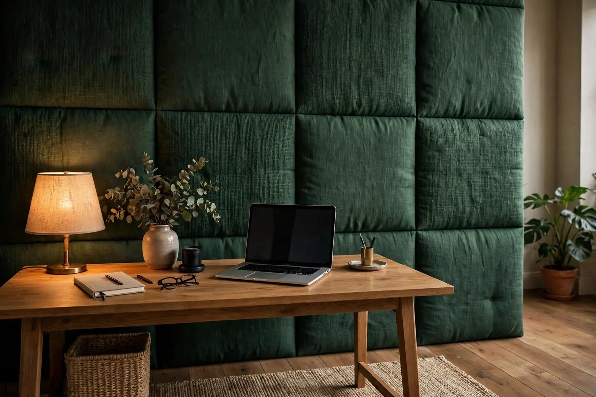 23 Home Office Room Design Ideas Pros Always Use 8 Deep green textured accent wall behind a wooden desk with a laptop