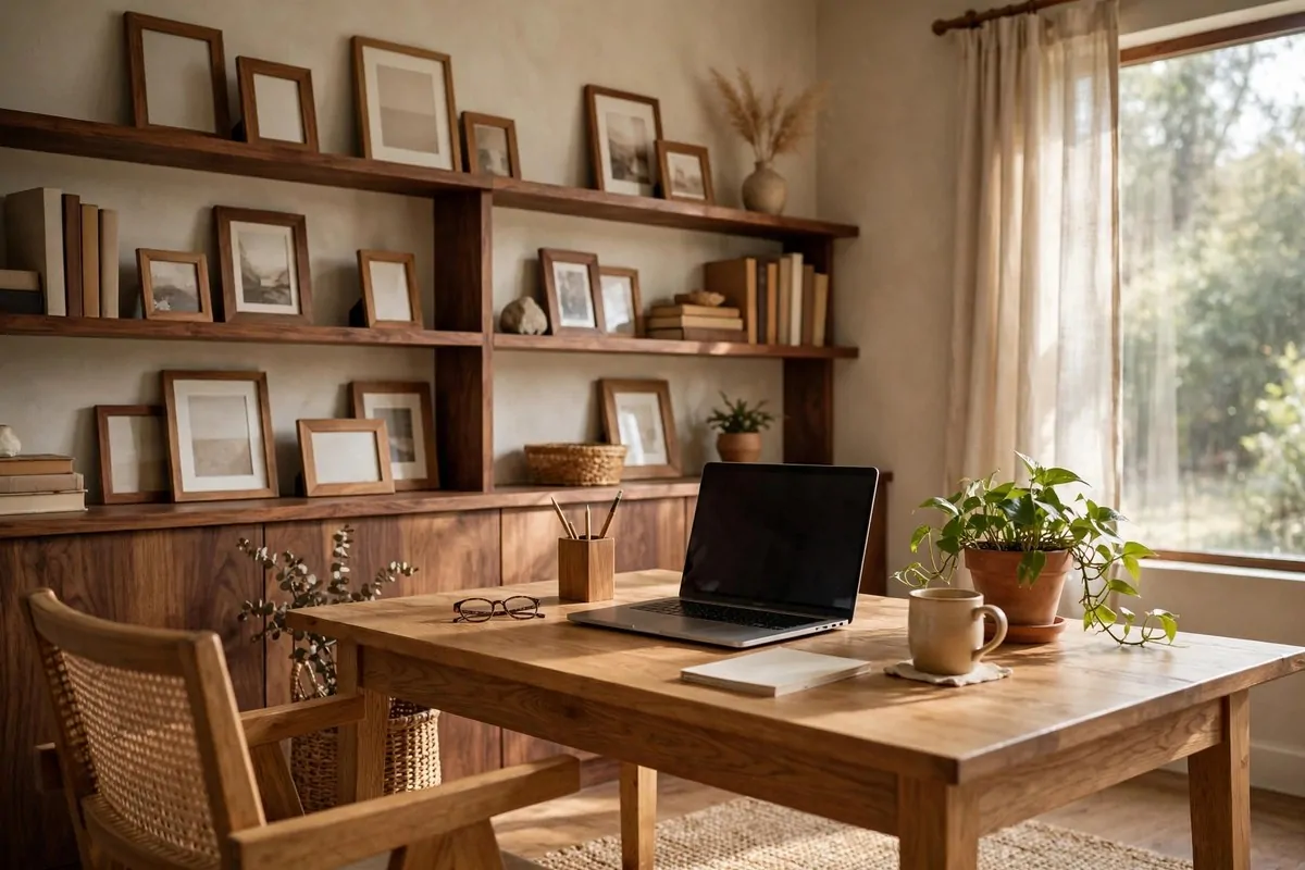 23 Home Office Room Design Ideas Pros Always Use 9 Home office with oak desk walnut shelves and wooden frames in warm light