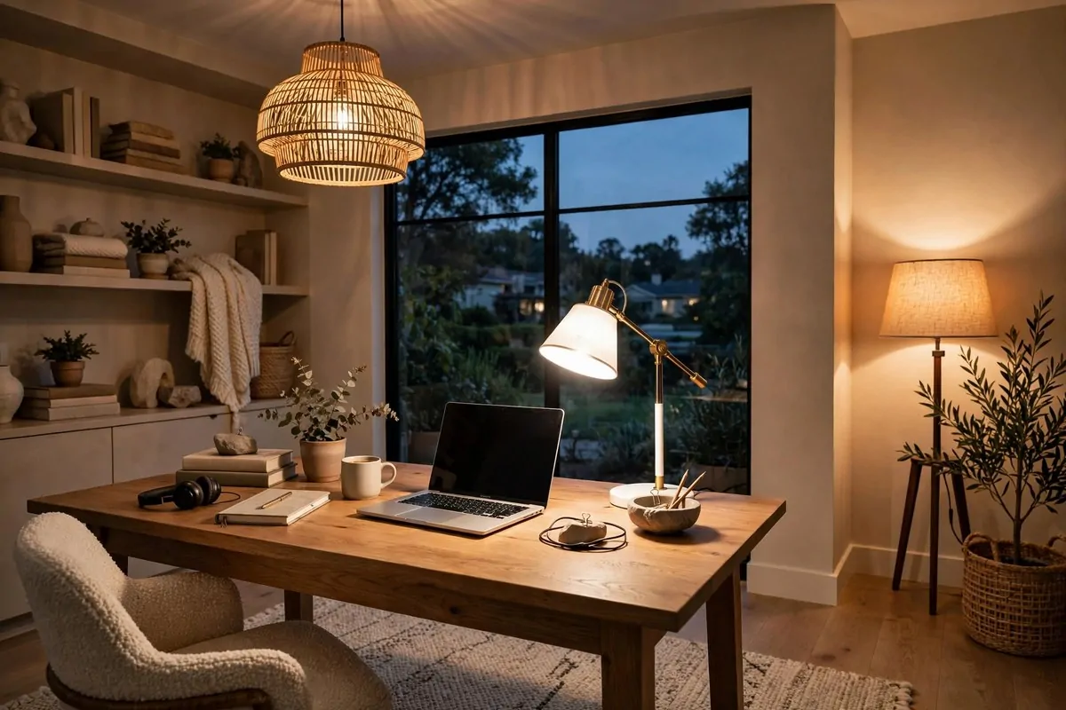 23 Home Office Room Design Ideas Pros Always Use 10 Home office at dusk with ceiling pendant desk lamp and floor lamp glowing