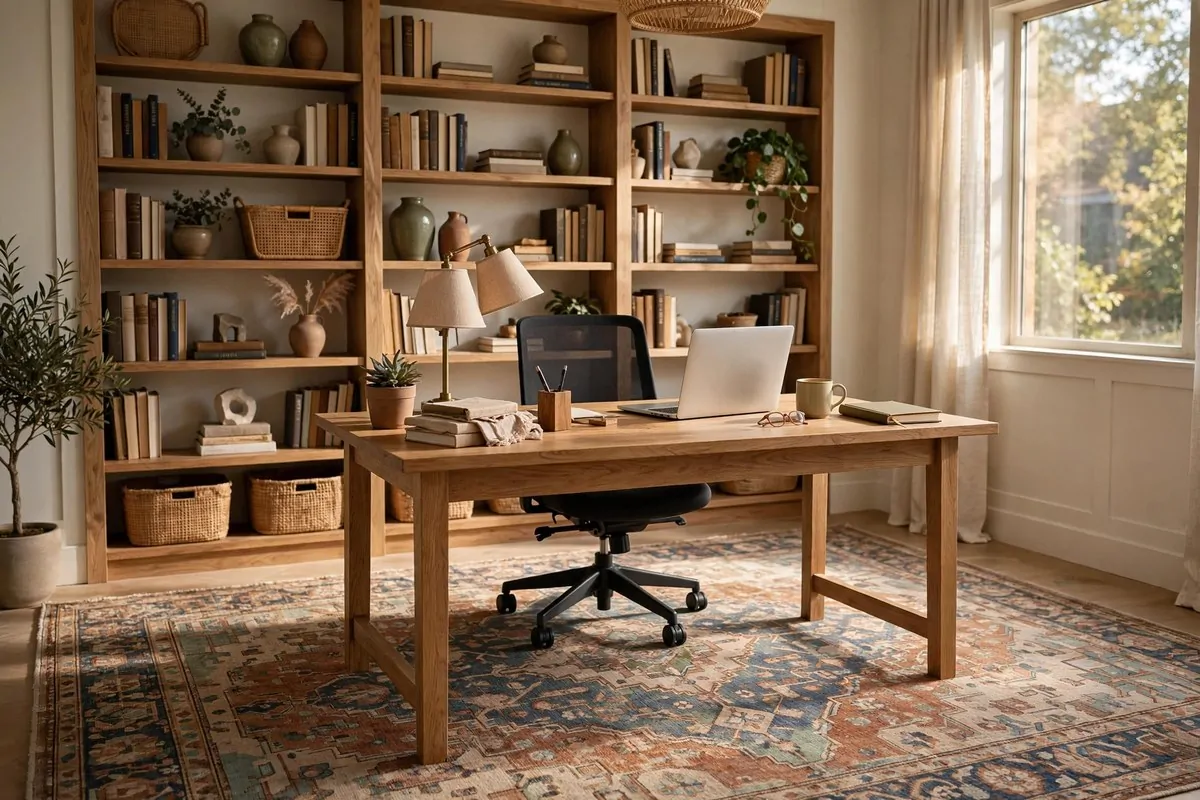 23 Home Office Room Design Ideas Pros Always Use 11 Large patterned rug anchoring a desk and chair in a home office