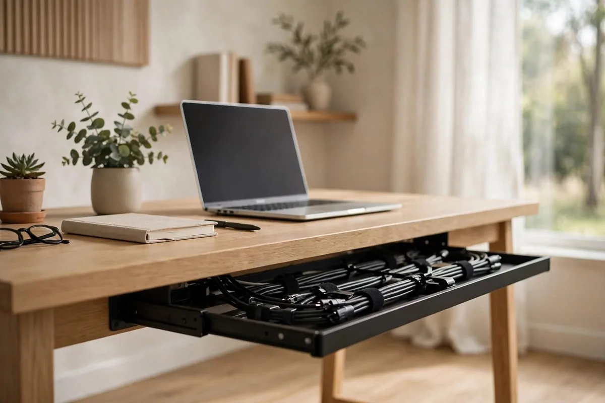 23 Home Office Room Design Ideas Pros Always Use 13 Desk side view showing a cable tray with neatly bundled hidden wires