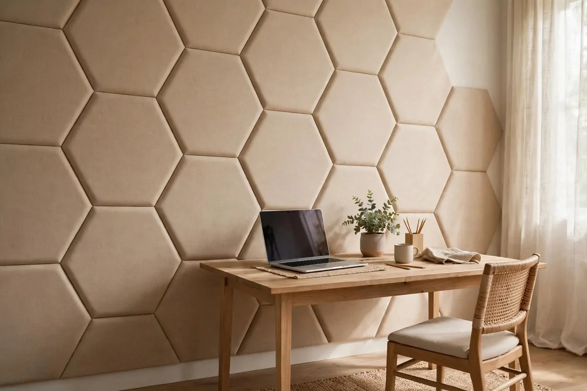23 Home Office Room Design Ideas Pros Always Use 14 Beige fabric acoustic panels in a geometric pattern on a home office wall