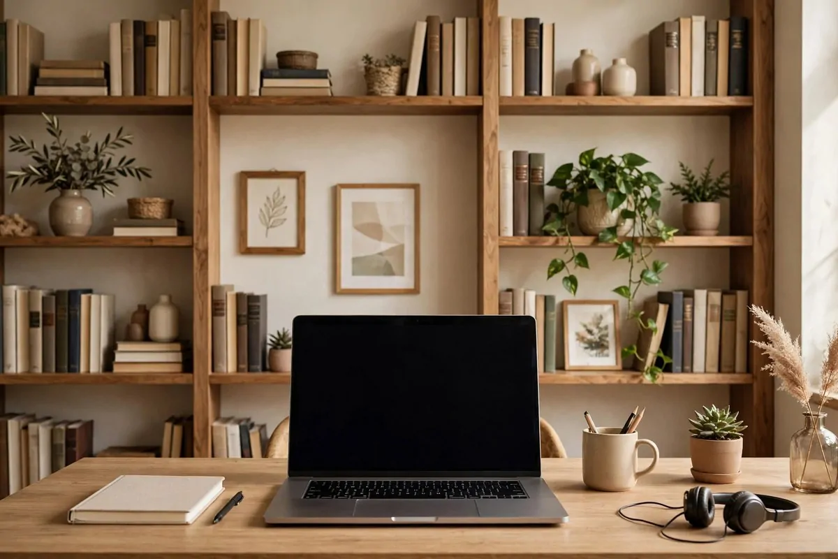 23 Home Office Room Design Ideas Pros Always Use 15 Styled bookshelf with books art and plant as a video call background