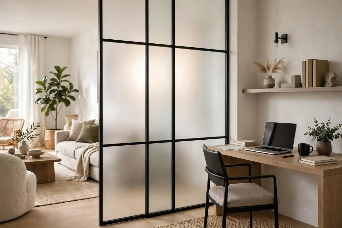 23 Home Office Room Design Ideas Pros Always Use 16 Frosted glass partition separating a home office from a living area