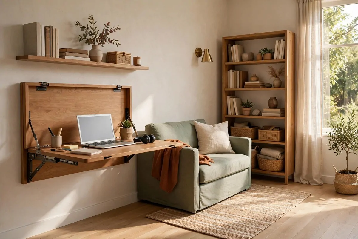 23 Home Office Room Design Ideas Pros Always Use 17 Fold-down wall desk open with a laptop in a multi-use room with a sofa