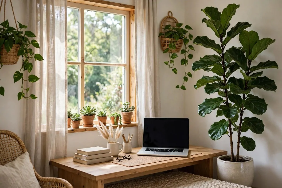 23 Home Office Room Design Ideas Pros Always Use 18 Home office corner with a tall leafy plant and succulents on the windowsill