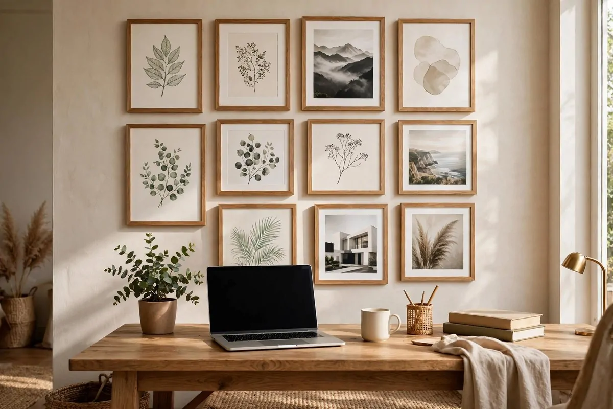 23 Home Office Room Design Ideas Pros Always Use 19 Gallery wall of framed prints in wooden frames above a home office desk