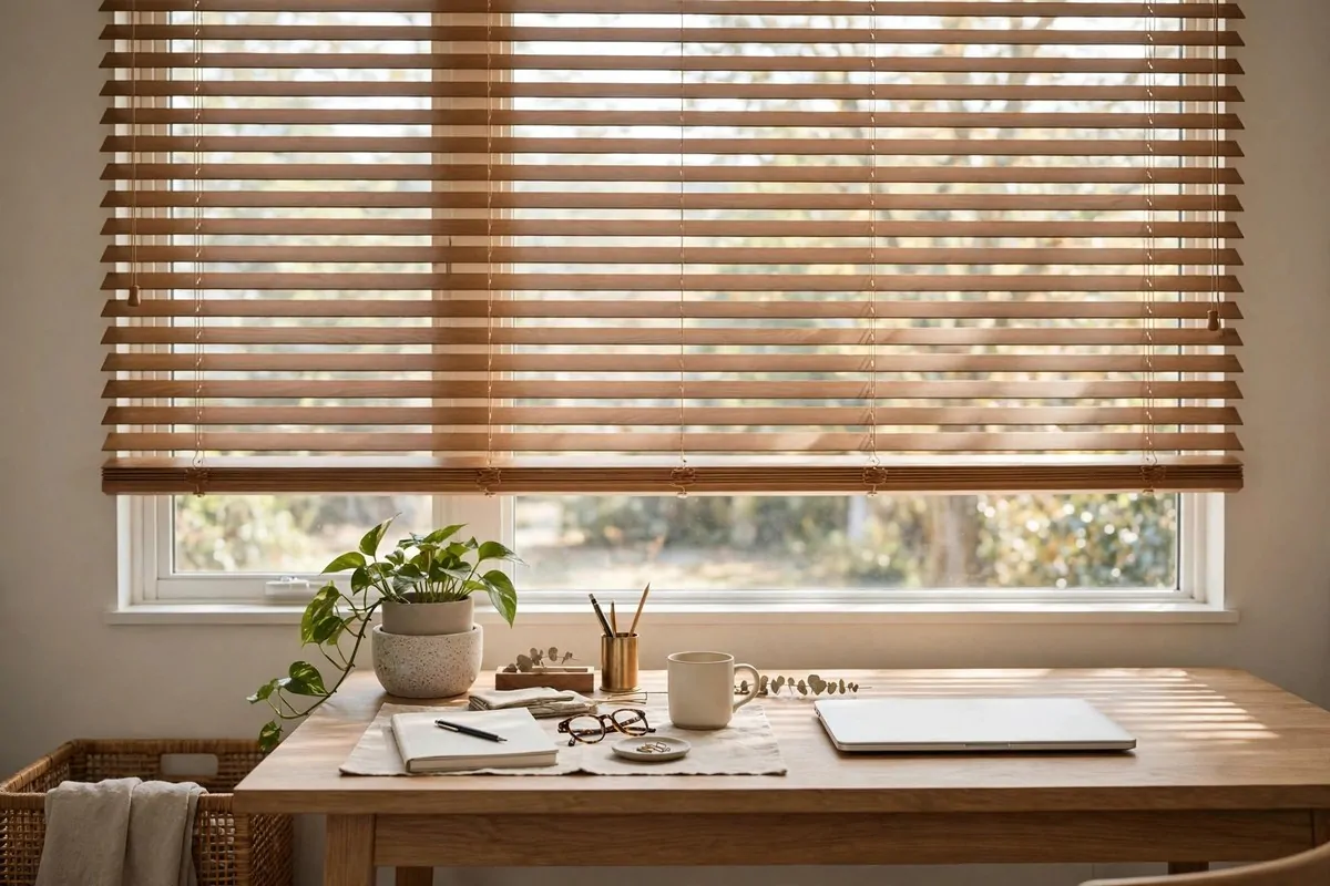 23 Home Office Room Design Ideas Pros Always Use 20 Wooden window blinds half tilted filtering daylight onto a home office desk