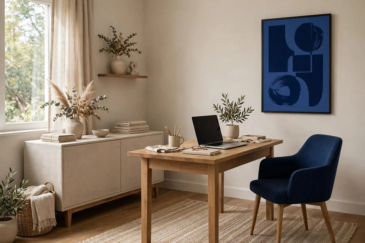 23 Home Office Room Design Ideas Pros Always Use 21 Neutral beige home office with a bold navy accent chair and matching art print