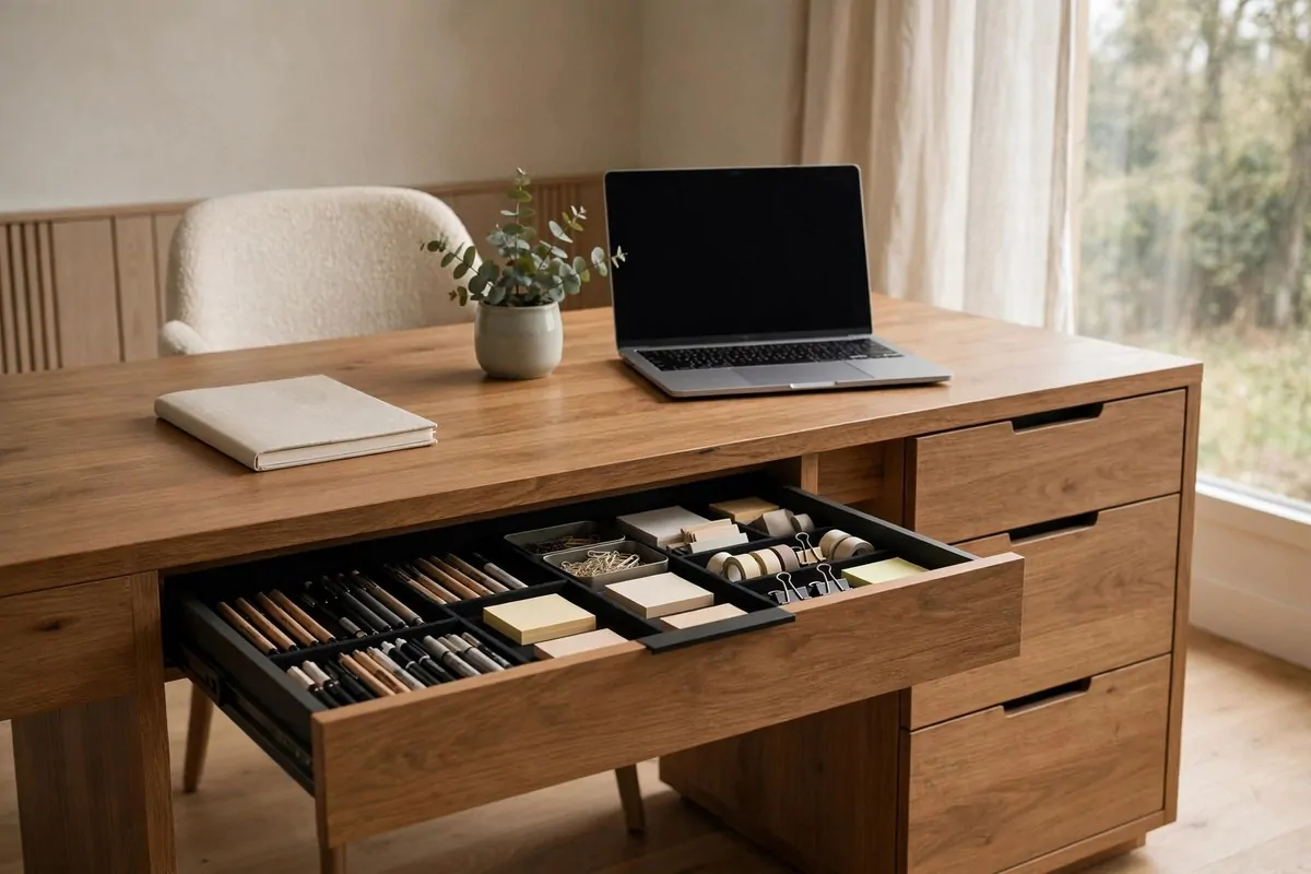 23 Home Office Room Design Ideas Pros Always Use 22 Wooden desk with under-desk storage drawers one slightly open with organized supplies
