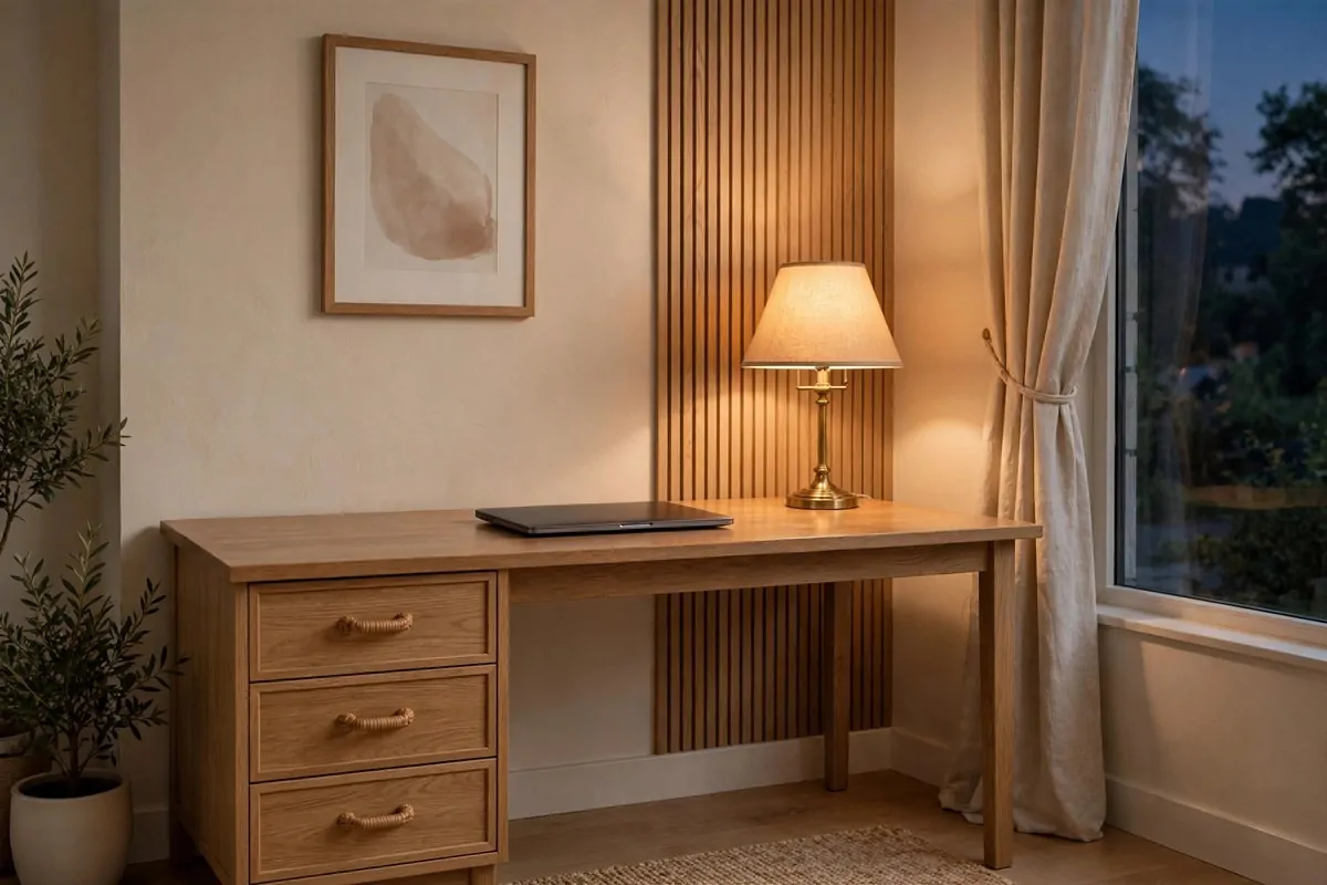 23 Home Office Room Design Ideas Pros Always Use 23 Home office desk at end of day with only a closed laptop in warm lamplight