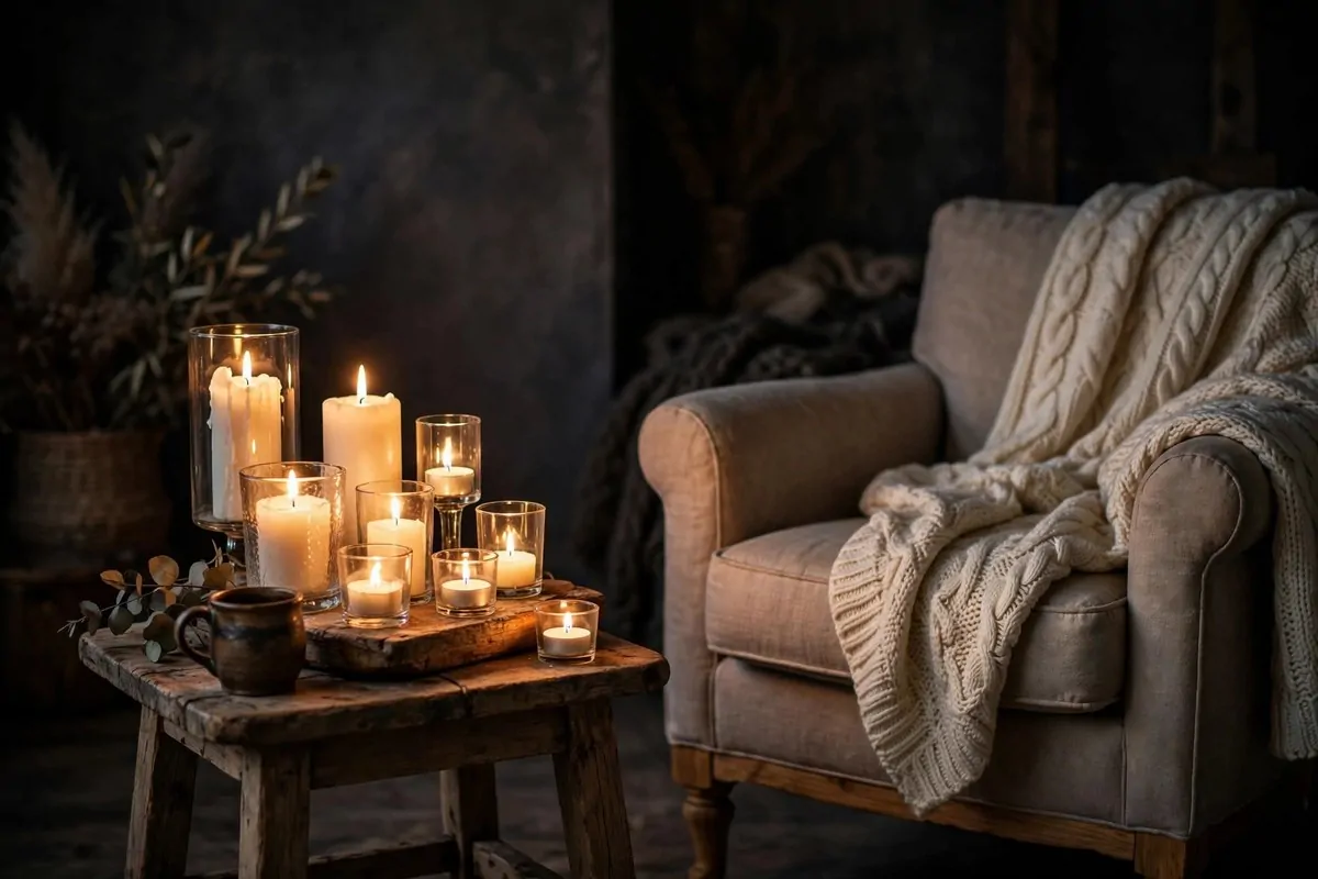 23 Hygge Home Inspiration Ideas for Ultimate Comfort 1 Cluster of lit candles on a wooden tray beside a cosy armchair