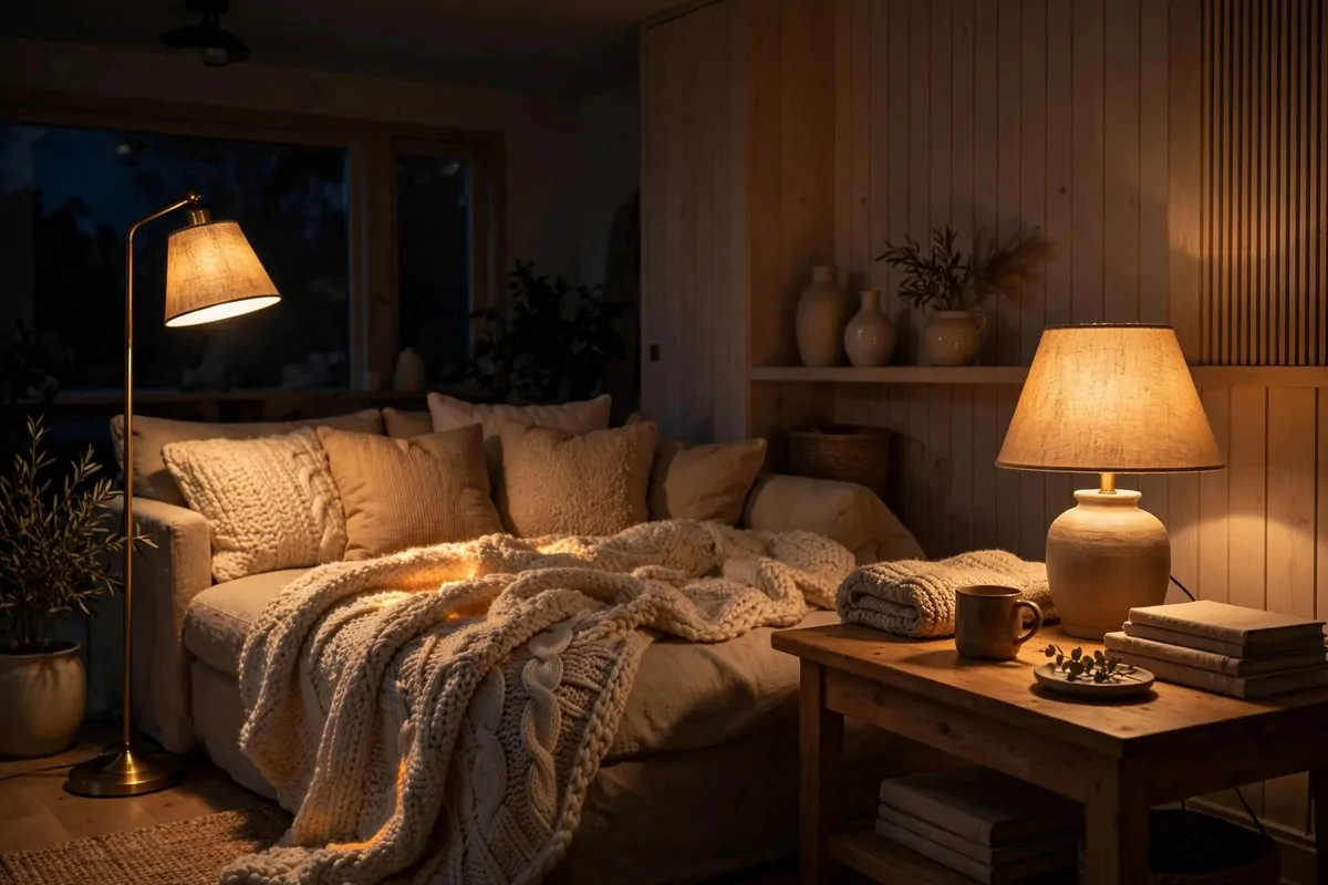 23 Hygge Home Inspiration Ideas for Ultimate Comfort 2 Living room lit only by warm table lamp and floor lamp at night
