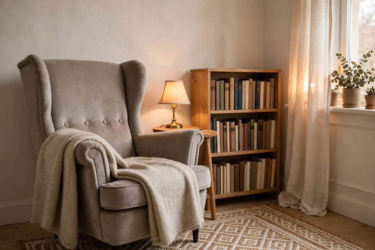 23 Hygge Home Inspiration Ideas for Ultimate Comfort 3 Cosy reading nook with armchair, blanket, lamp and small bookshelf