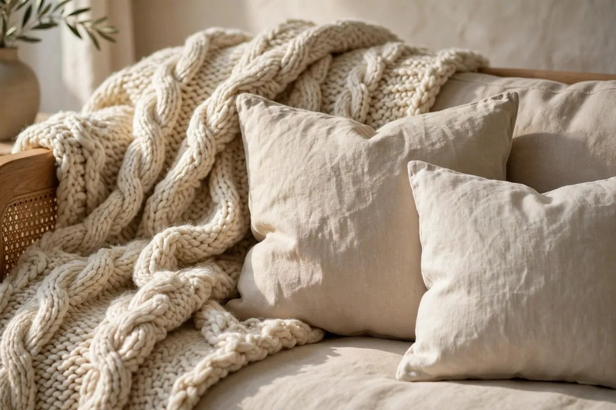 23 Hygge Home Inspiration Ideas for Ultimate Comfort 4 Cream chunky knit throw draped over a sofa with linen cushions