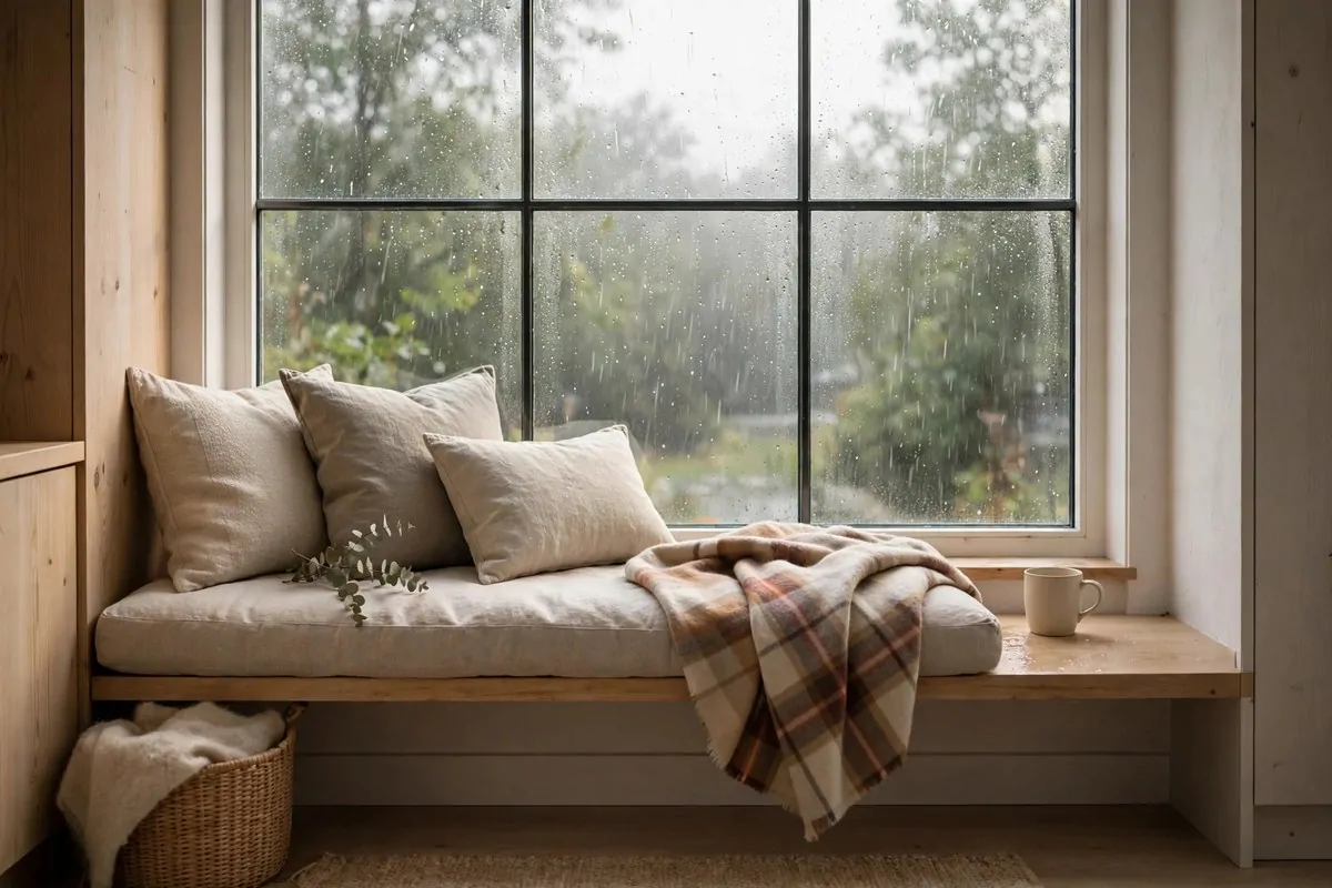 23 Hygge Home Inspiration Ideas for Ultimate Comfort 5 Cushioned window seat with pillows and blanket on a rainy day