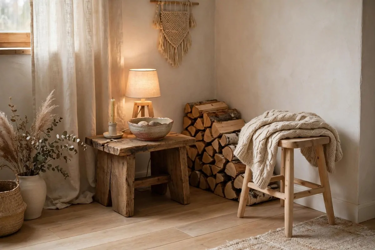 23 Hygge Home Inspiration Ideas for Ultimate Comfort 6 Rustic wooden side table with ceramic bowl and natural wood decor