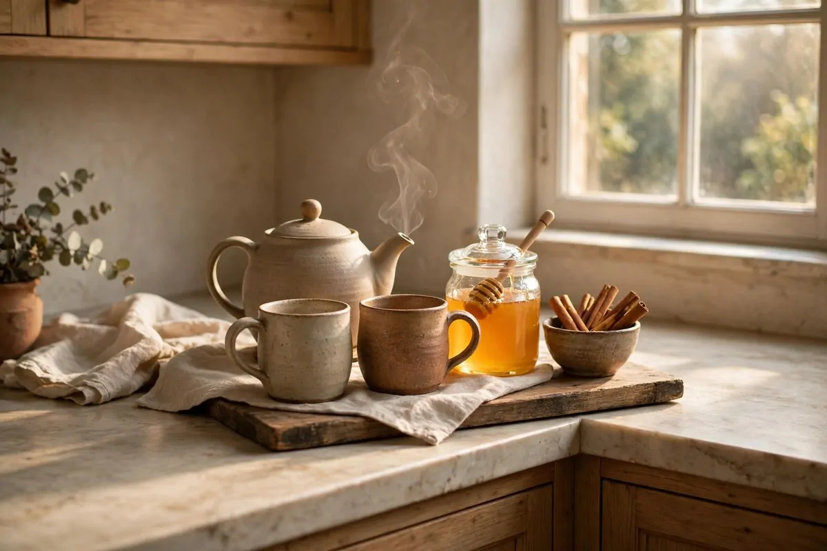 23 Hygge Home Inspiration Ideas for Ultimate Comfort 7 Wooden tray with teapot, mugs, honey jar and cinnamon on kitchen counter